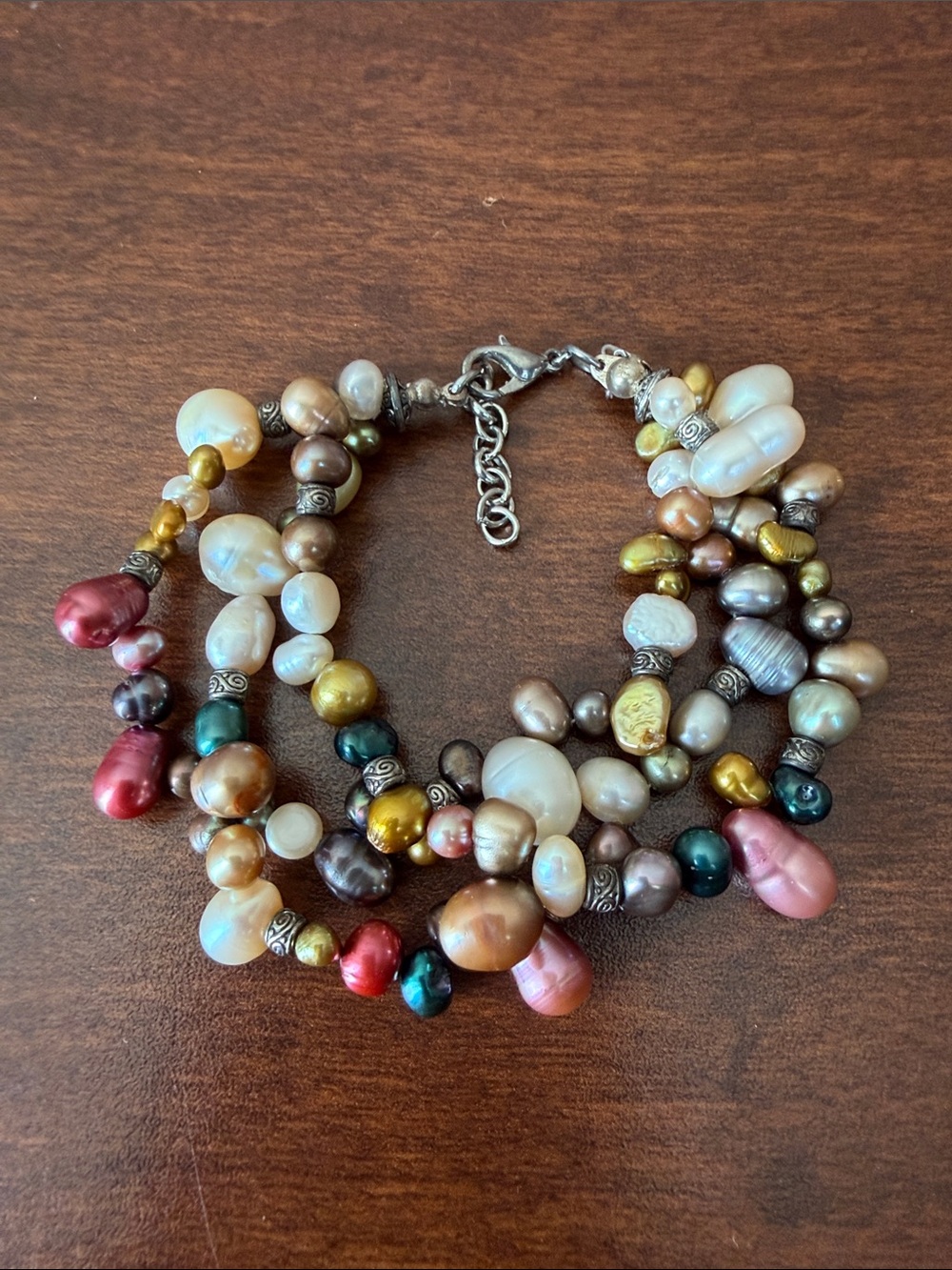 Multi strand bracelet natural pearls- pink, white, gold, blue, silver, black